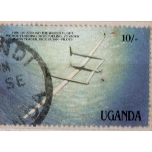10 Uganda 1986-1st Around The World Flight Without Landing Or Refueling Voyager Ilana Yeager Dick Rutan-Pilots Used Stamp